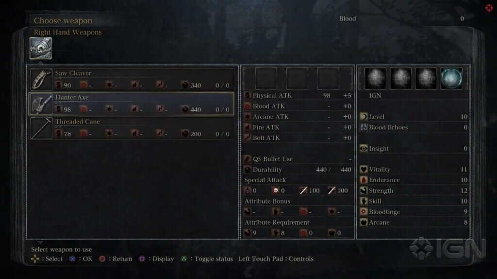 Your starting weapon choices
