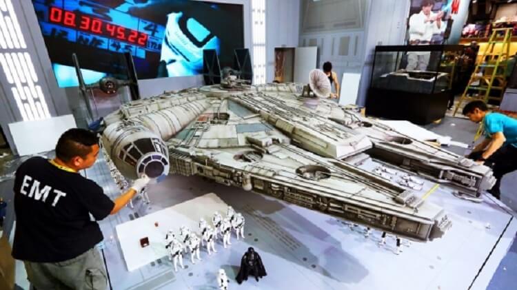 The massive 1/6 Millennium Falcon being assembled.