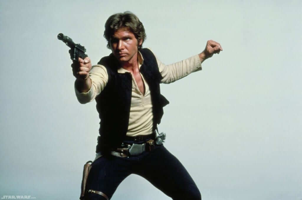 Star Wars Young Han Solo posing with blaster