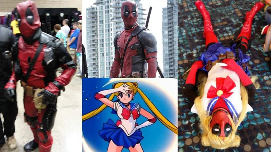 Yep, that's Deadpool crossed with Sailor Moon. The guy (that's right, guy) is also wearing panties that say "I <3 Spidey."