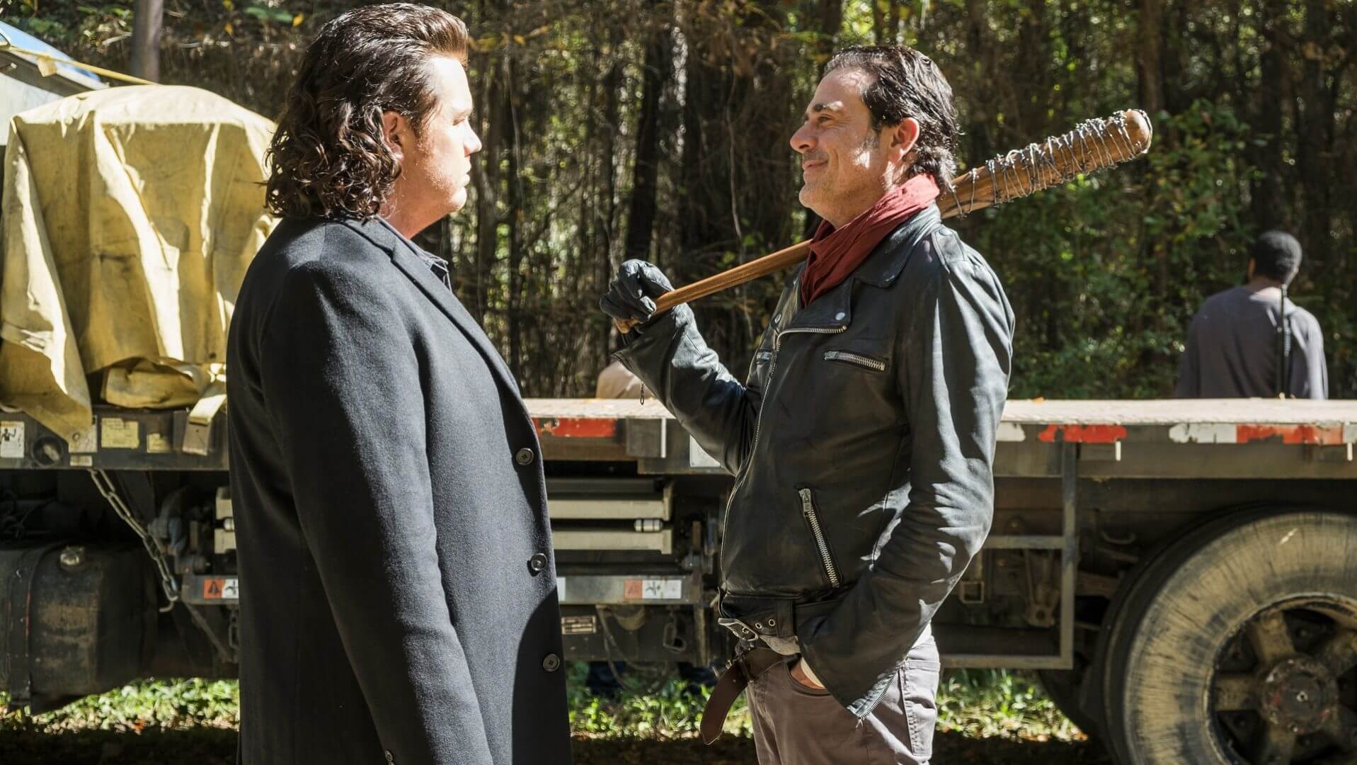 Jeffrey Dean Morgan as Negan, Josh McDermitt as Dr. Eugene Porter on the Walking Dead season seven finale