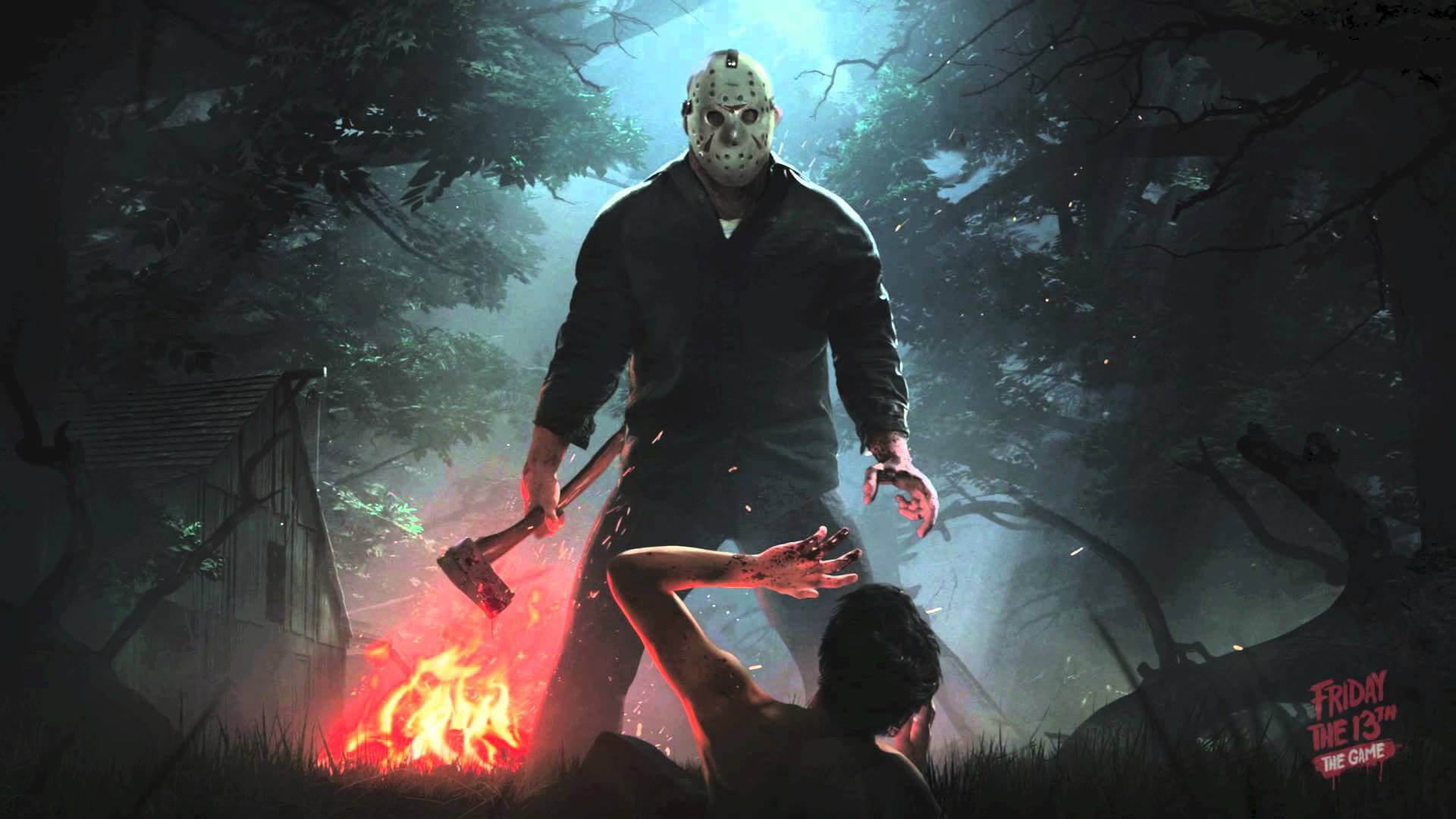 Friday the 13th game cover art. Jason holding axe with counselor on ground