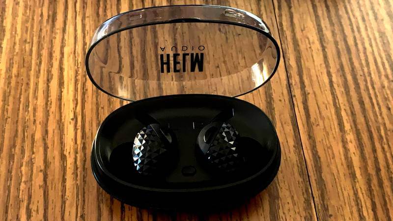 Photo of HELM Audio Wireless Headphones in their charging case