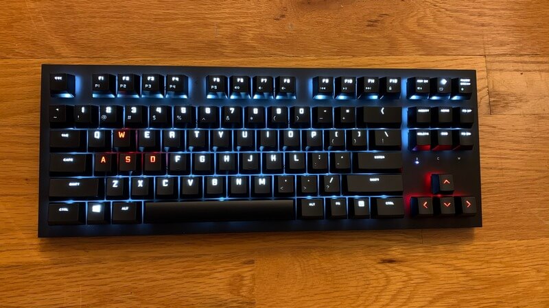Omen Spacer picture of keyboard lit up with red and white lights