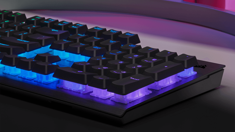 Corsair K60 gaming keyboard photo of lit up keys