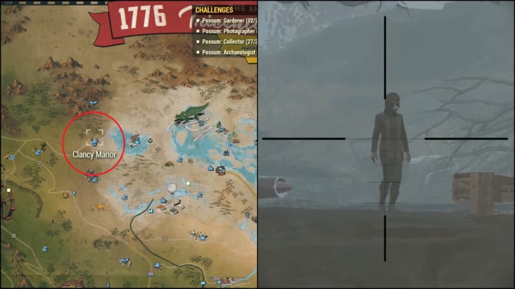 A map showing the location of Clancy Manner and a cultist in the player's scope in Fallout 76
