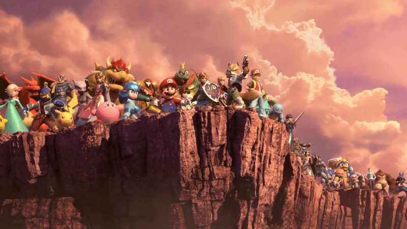 One of the best Switch exclusives, Super Smash Bros Ultimate touts a huge cast that peers over a cliff in this screenshot