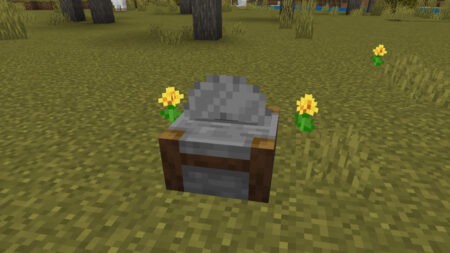 A Stonecutter in a field of flowers in Minecraft