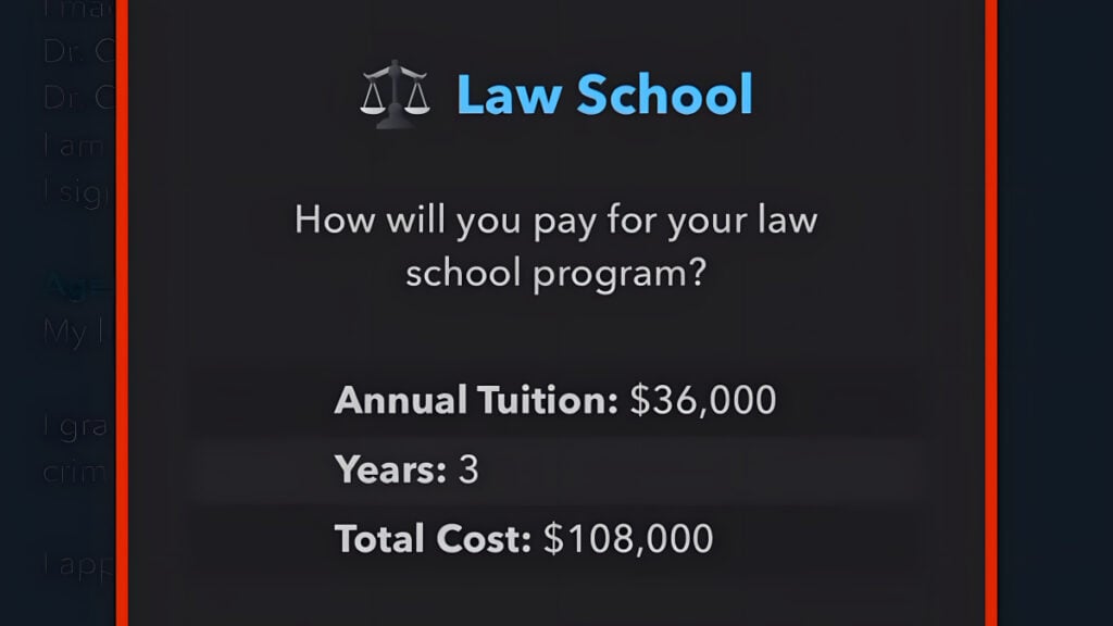 The player arranges payments after they get into law school in BitLife