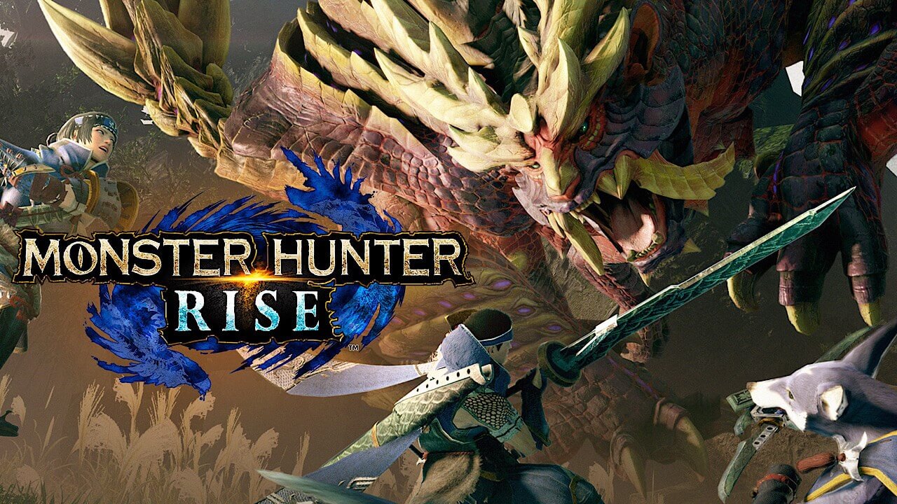 Monster hunter Rise logo splash in front of monster, Monster Hunter Rise Release,