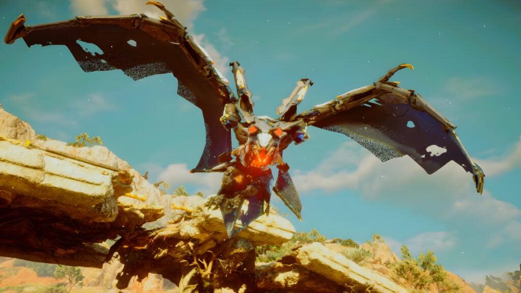 A close-up of an uncloaked Dreadwing in Horizon Forbidden West