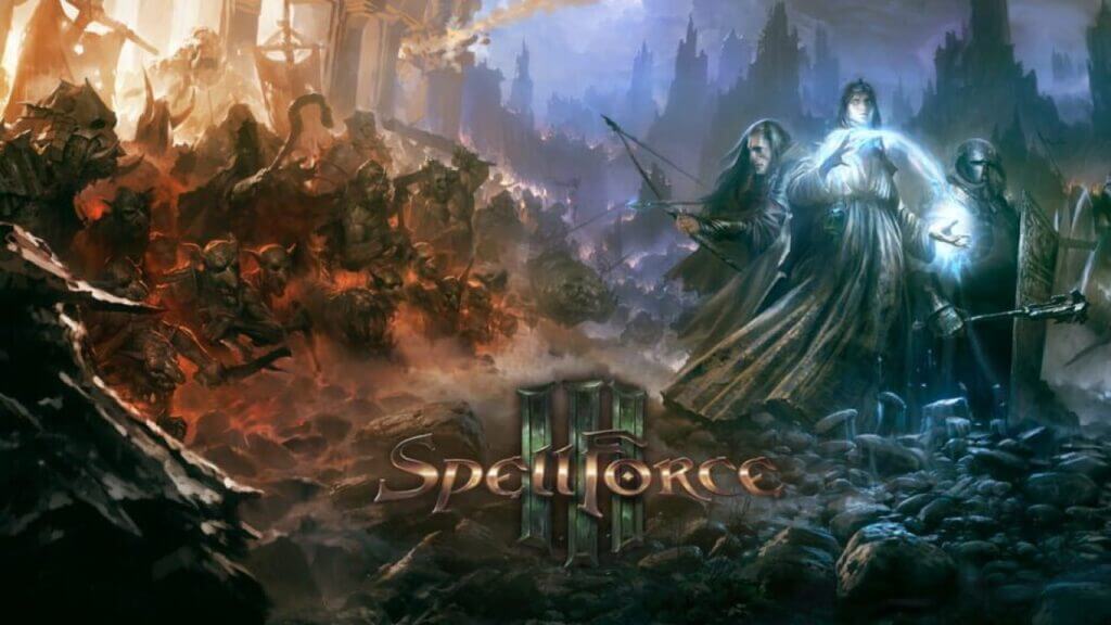 speelforce III logo with characters in background, SpellForce III release, Grimlore Games release
