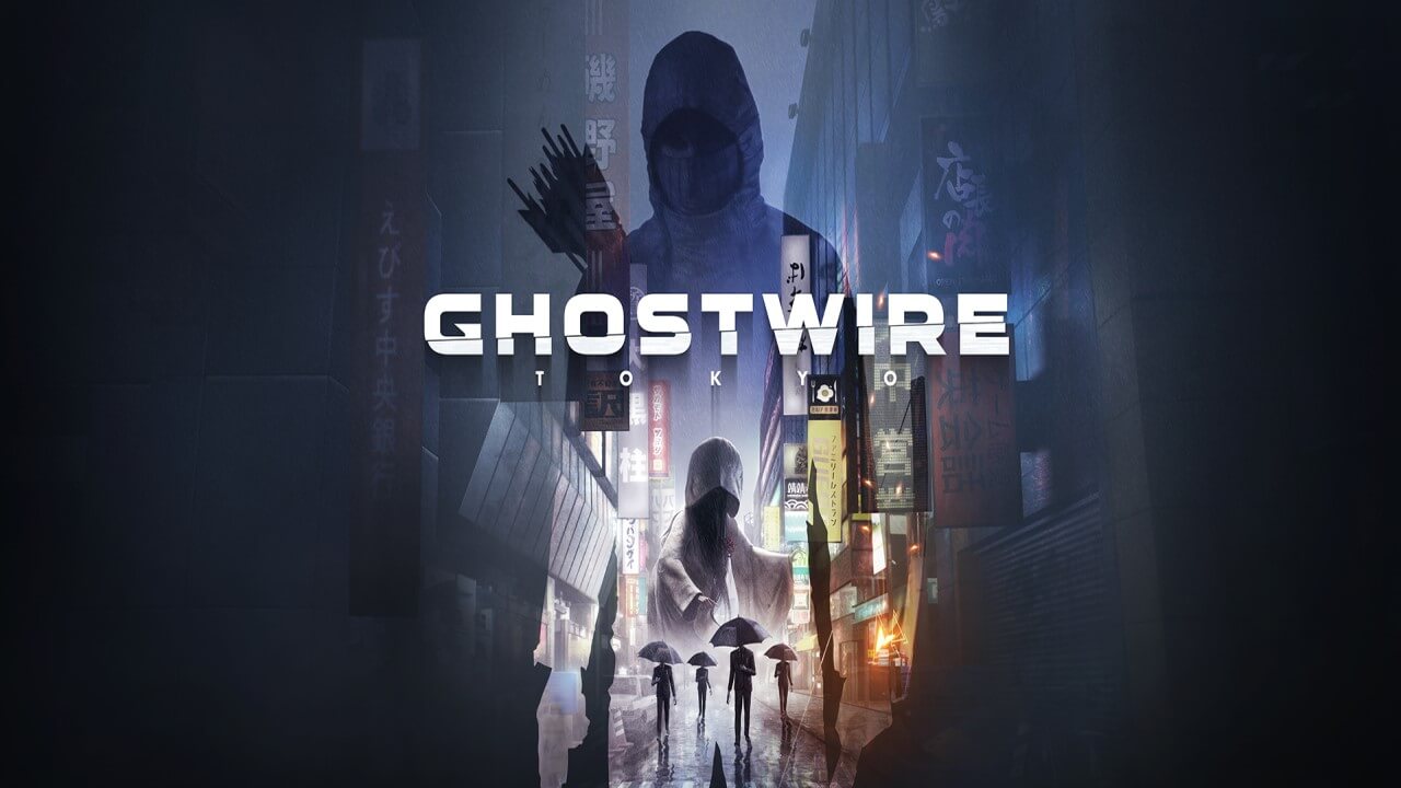 Ghostwire: Tokyo logo with background character, Ghostwire: Tokyo trailer, Tango Gameworks game