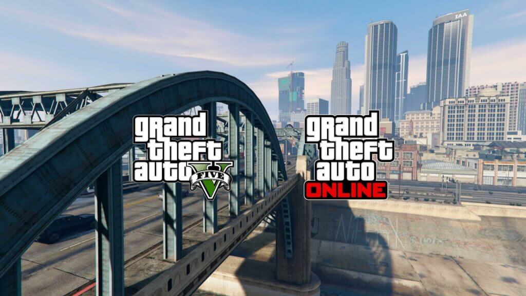 Grand Theft Auto V and Online logo with screenshot as background, Grand Theft Auto V release, GTA Online standalone