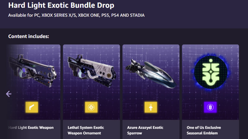 FREE Destiny 2 EXOTIC LOOT -  Prime Gaming Loot - Hard Light Exotic  Bundle Drop 