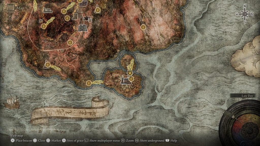 The spot in Redmane Castle where you can meet Iron Fist Alexander as part of his quest in Elden Ring. Showcased in the game's map.