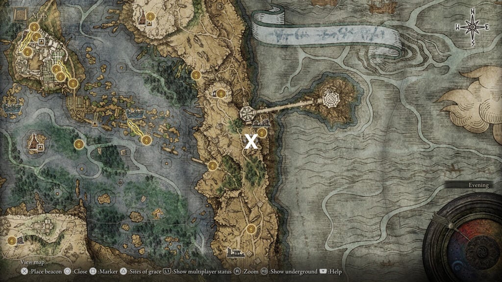 The Luirnia of the Lakes spot where you can meet Iron Fist Alexander as part of his quest in Elden Ring. Showcased in the game's map.