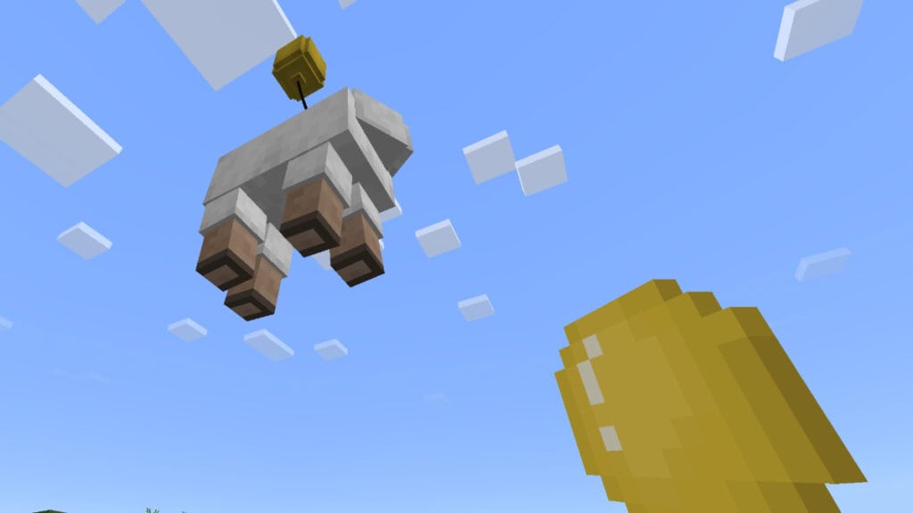 A sheep with a balloon tied to it floats away in Minecraft