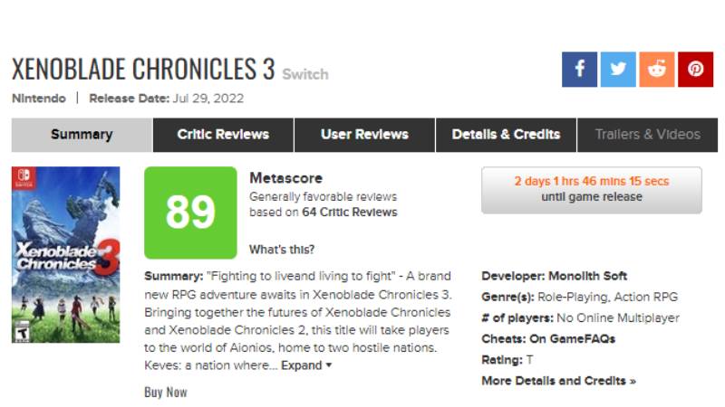 Xenoblade Chronicles 3: ¿cuánto tiene de calificación en Metacritic?