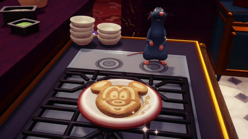 Remy Standing Beside a Plate with Peanut Butter Waffles In Disney Dreamlight Valley