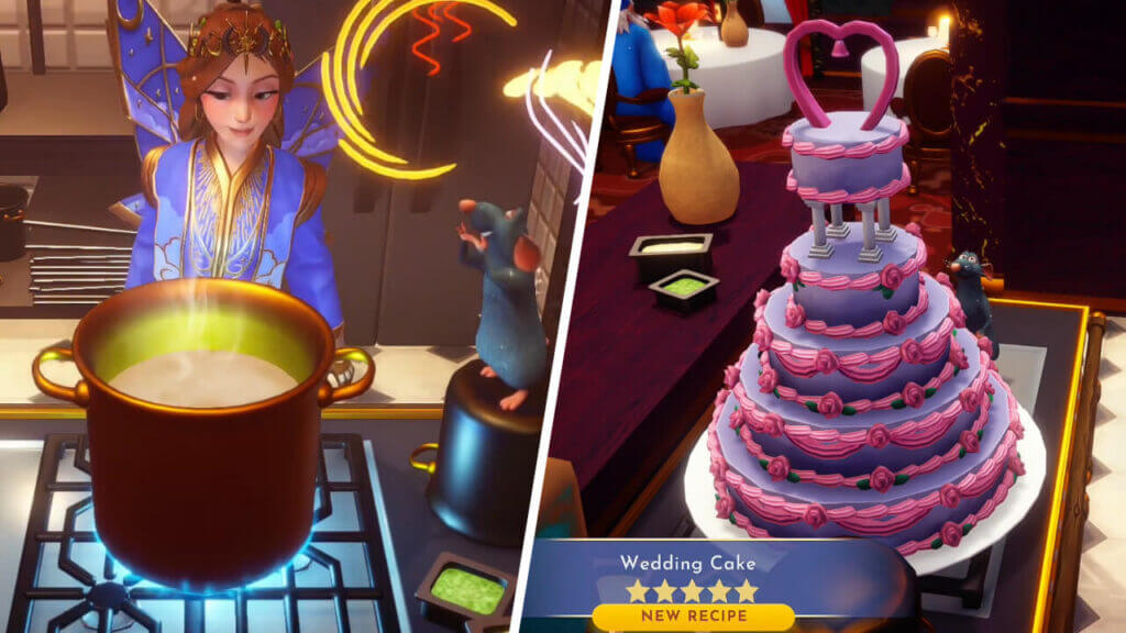 Using the Cooking Pot in Disney Dreamlight Valley to Bake a layered Wedding Cake