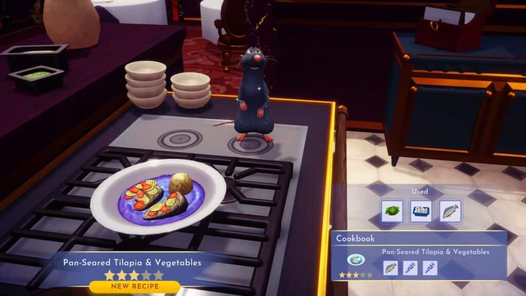 How to make pan-seared tilapia and vegetables in disney dreamlight valley.