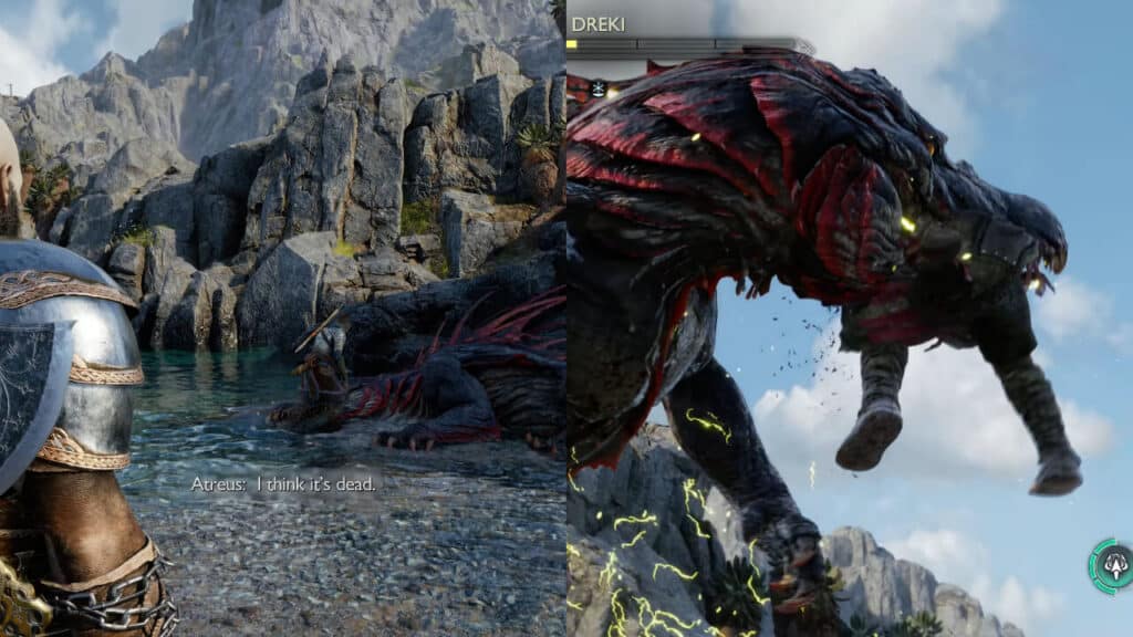 Split-image-of-Kratos-and-Atreus-showing-how-to-defeat-the-Dreki-in-God-of-War-Ragnarok