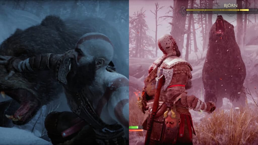 Split-image-of-Kratos-fighting-Bjorn-in-God-of-War-Ragnarok