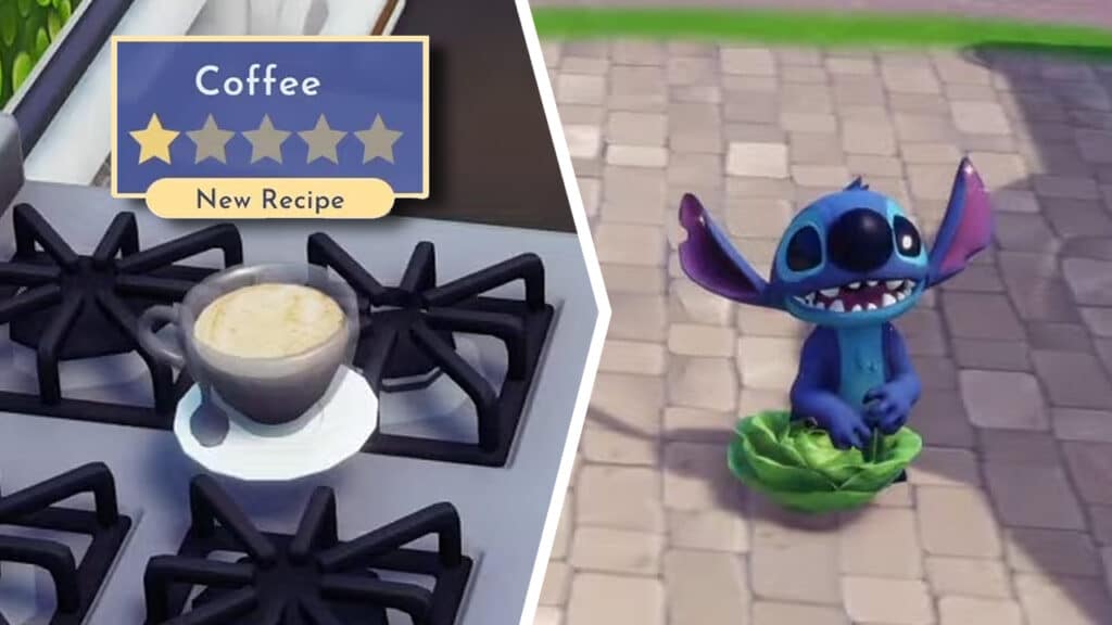 Giving Coffee to Stitch During Very Sleepy Stitch in Disney Dreamlight Valley