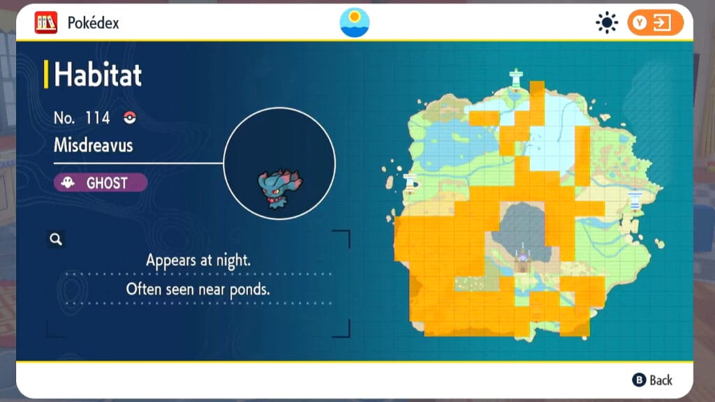 Eine Karte mit den Orten, an denen Misdreavus in Pokémon Scarlet und Violet zu finden ist