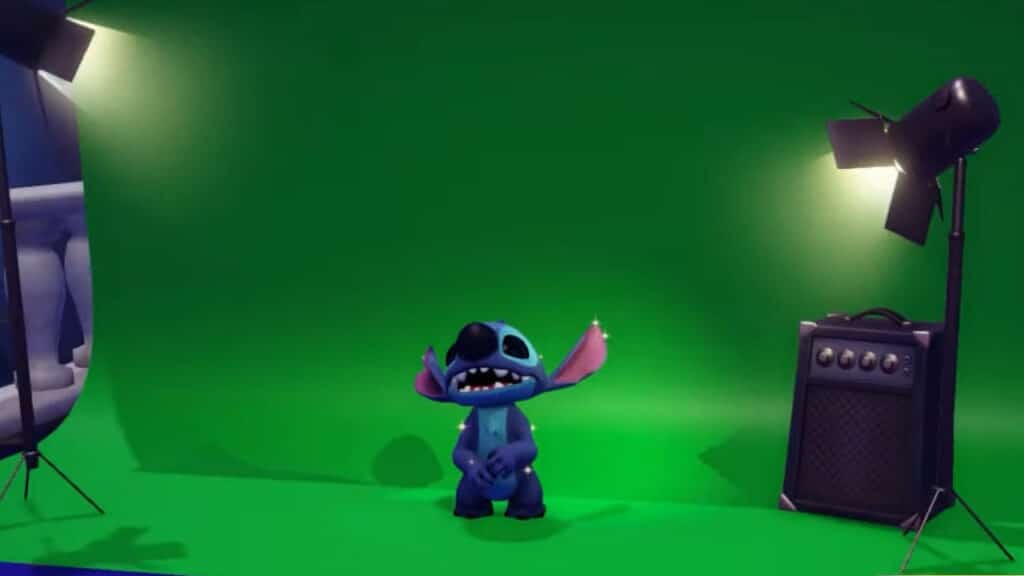 Stitch at a Photo Shoot in his Level 10 Friendship Quest in Disney Dreamlight Valley
