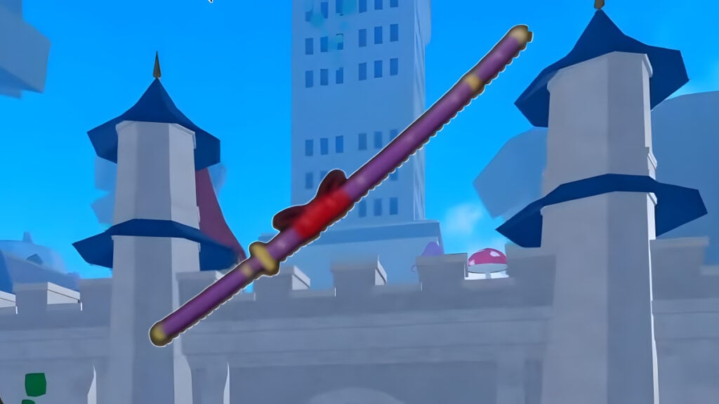 The legendary sword Yama in front of a castle backdrop in Blox Fruits