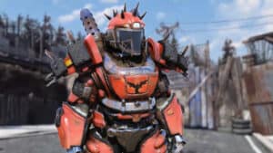 A character wearing Blood Eagle Armor stands outside a town in Fallout 76
