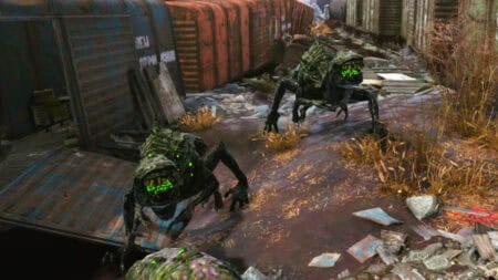 Two Snallygasters in a ruined trainyard in Fallout 76