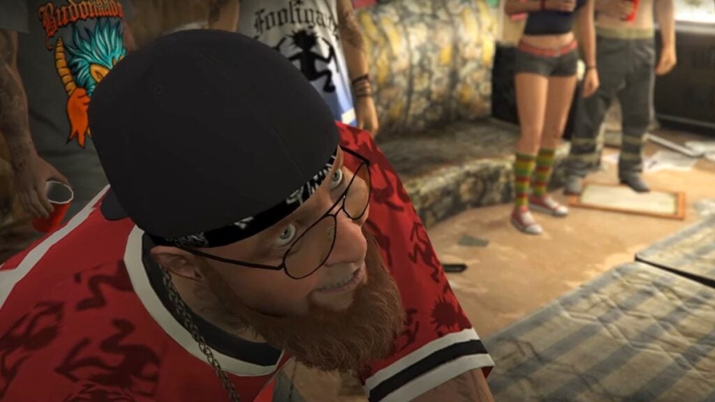 Close-up of a man in a red shirt during the First Dose missions in GTA 5