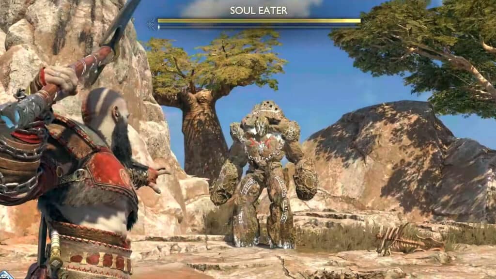 Kratos Throwing his Axe at a Soul Eater in In Plain Sight Favour in God of War Ragnarok
