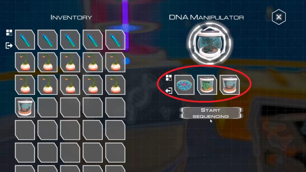 A menu showing the ingredient slots you use for the DNA Manipulator in Planet Crafter