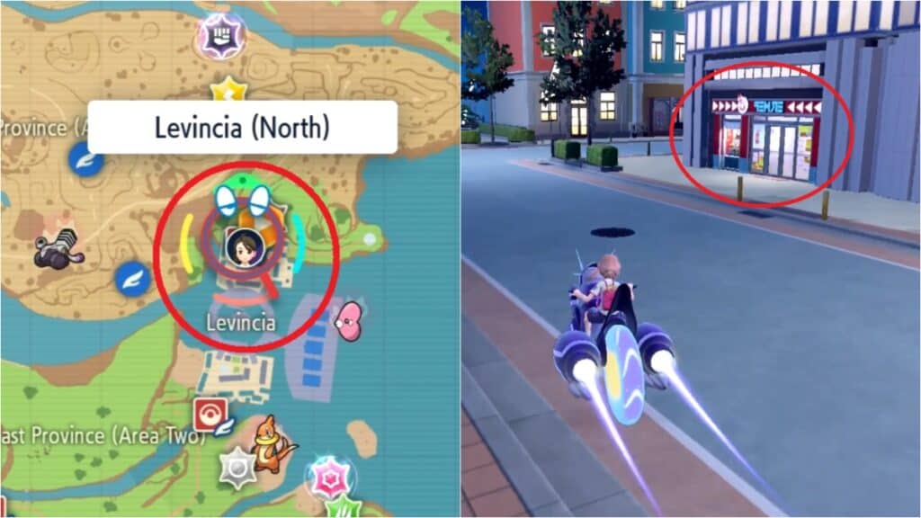 The store where you can get the Wide Lens in Pokemon Scarlet and Violet, alongside a map showing that store's location