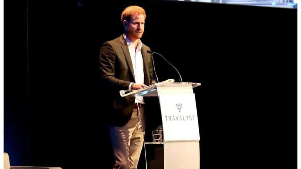 Prince Harry speaking on stage
