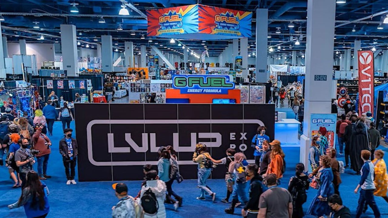 Video game event banner screenshot with vendors, LVL UP Expo Event, video game event