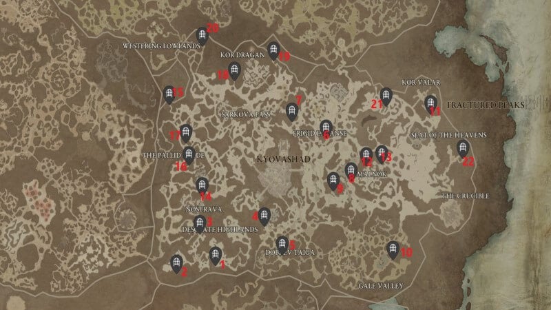 Map of All Diablo IV Dungeon Locations