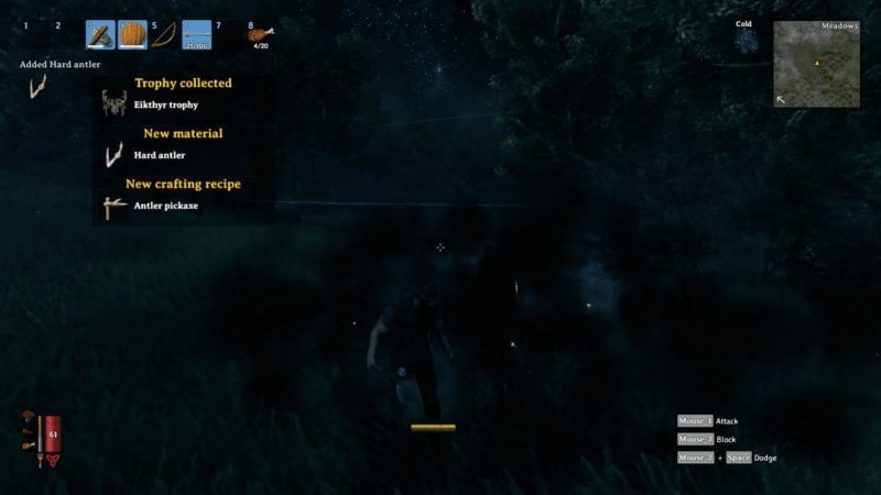 Player collecting Hard Antlers, Trophy and unlocking new crafting recipe