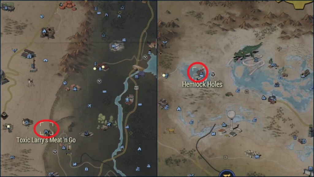 Two locations on the Fallout 76 map showing where you can find Glowing Creatures