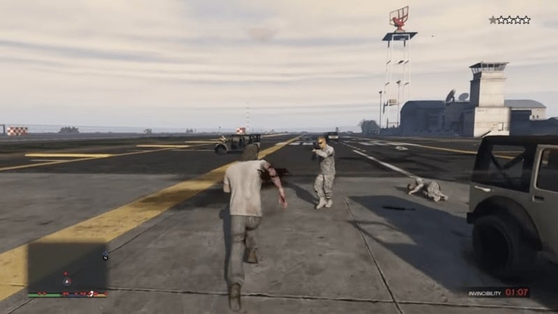 Trevor using GTA 5 Invincibility cheat gets shot by soldier but takes no damage