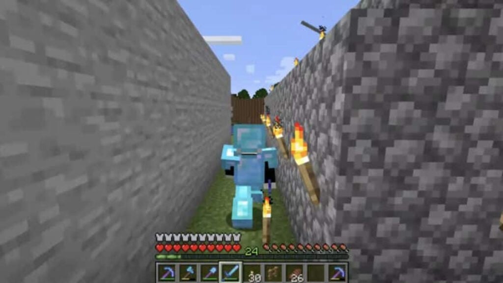 The character moves down a hall in Minecraft's third-person mode