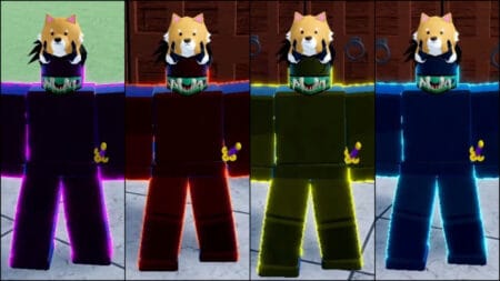 A character shows off four different Aura colors in Blox Fruits