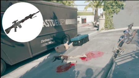 A dead mailman and the Raven Rifle in Dead Island 2