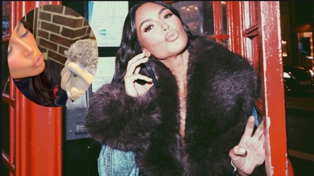 Kim Kardashian using her phone outside a phone boot