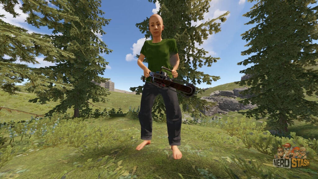 Rust character holding chainsaw