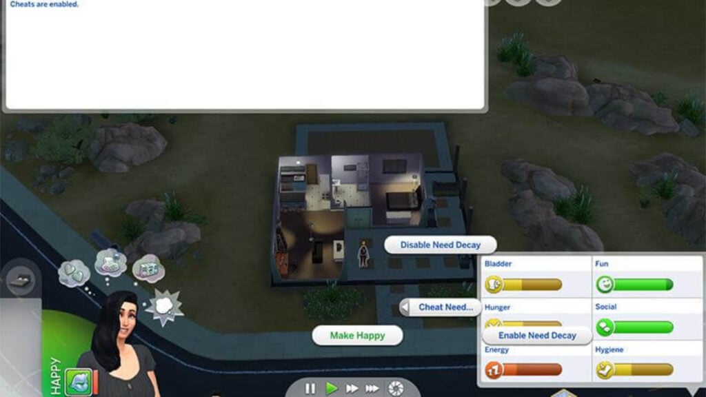 A screen showing cheats enabled in The Sims 4